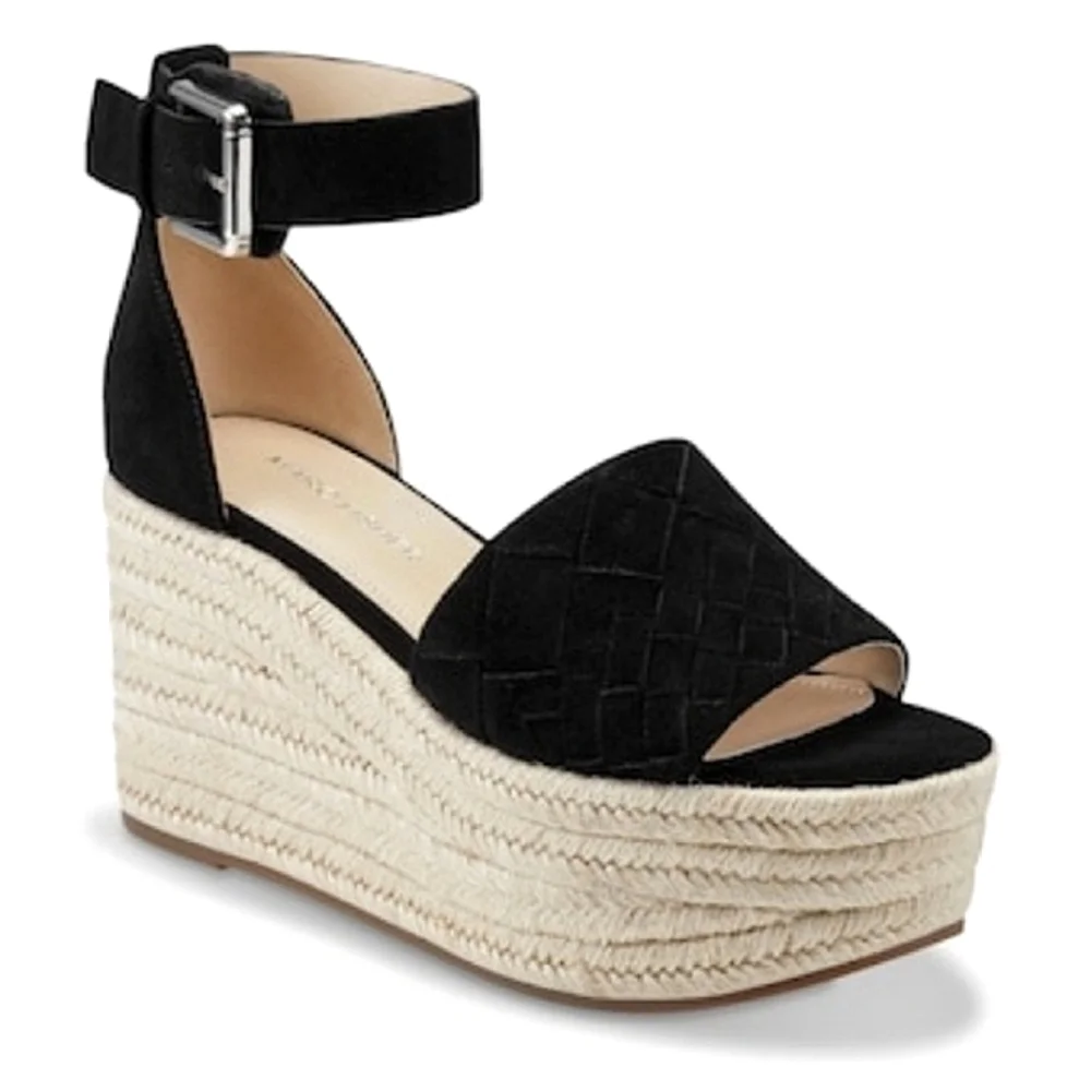Marc Fisher Varin Espadrille Wedge Sandals Black Suede Open Toe Platforms Sz 8.5